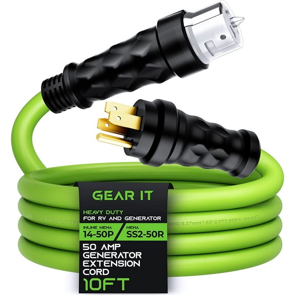 GearIT 50 Amp Generator Cord Extension, Inline NEMA 14-50P to SS2-50R Twist Lock Connector STW 6/3+8/1 AWG 125/250V for 50A Power Inlet Box, RV, 10ft