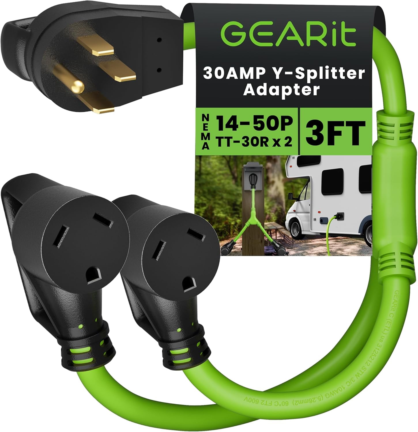 GEARit 50 Amp to 30 Amp Adapter, 3 Prong Dryer Cord, NEMA 14-50P Male to 2x TT-30R Female Receptacles, Y Splitter Extension Cord 2ft