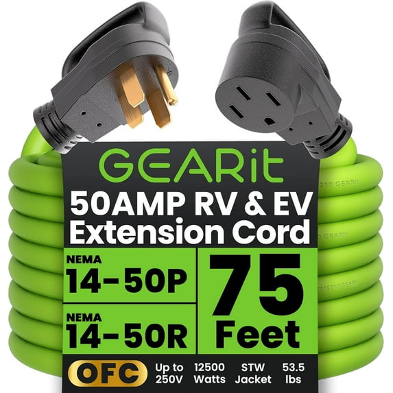 GearIT 50 Amp RV Extension Cord, EV Outdoor Extension Cable, Heavy Duty, Green, 75 ft