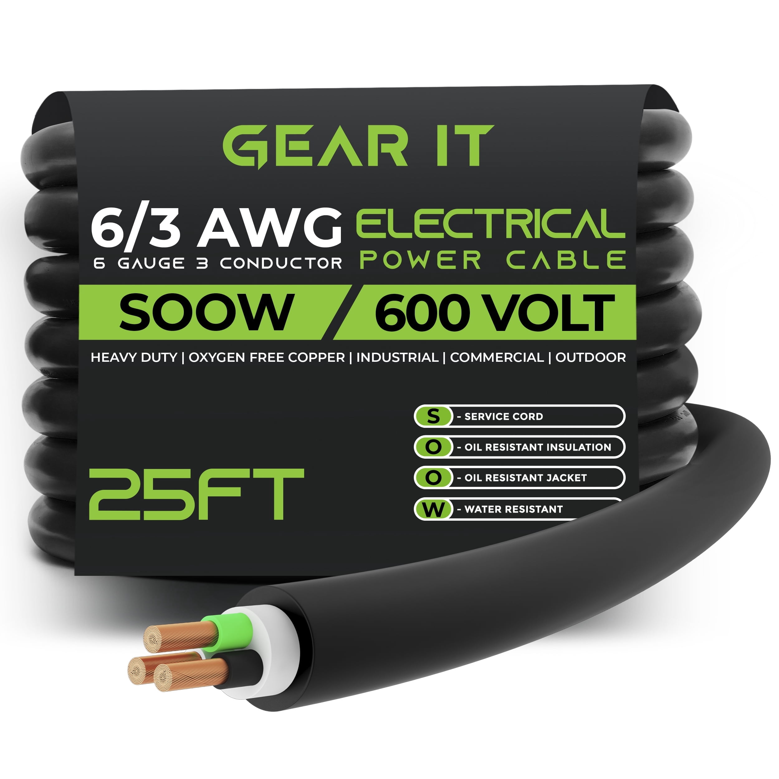 GearIT 6/3 6 AWG Portable Power Cable (25 Feet - 3 Conductor) SOOW 600V 6 Gauge Electric Wire for Motor Leads, Portable lights, Battery Chargers, Stage Lights and Machinery -25ft Electrical Cord