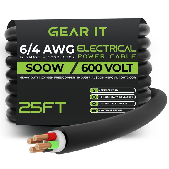 GearIT 6/4 6 AWG Portable Power Cable (25 Feet - 4 Conductor) SOOW 600V 6 Gauge Electric Wire for Motor Leads, Portable lights, Battery Chargers, Stage Lights and Machinery -25ft Electrical Cord