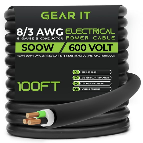 GearIT 8/3 8 AWG Portable Power Cable (100 Feet - 3 Conductor) SOOW 600V 8 Gauge Electric Wire for Motor Leads, Portable lights, Battery Chargers, Stage Lights and Machinery -100ft Electrical Cord