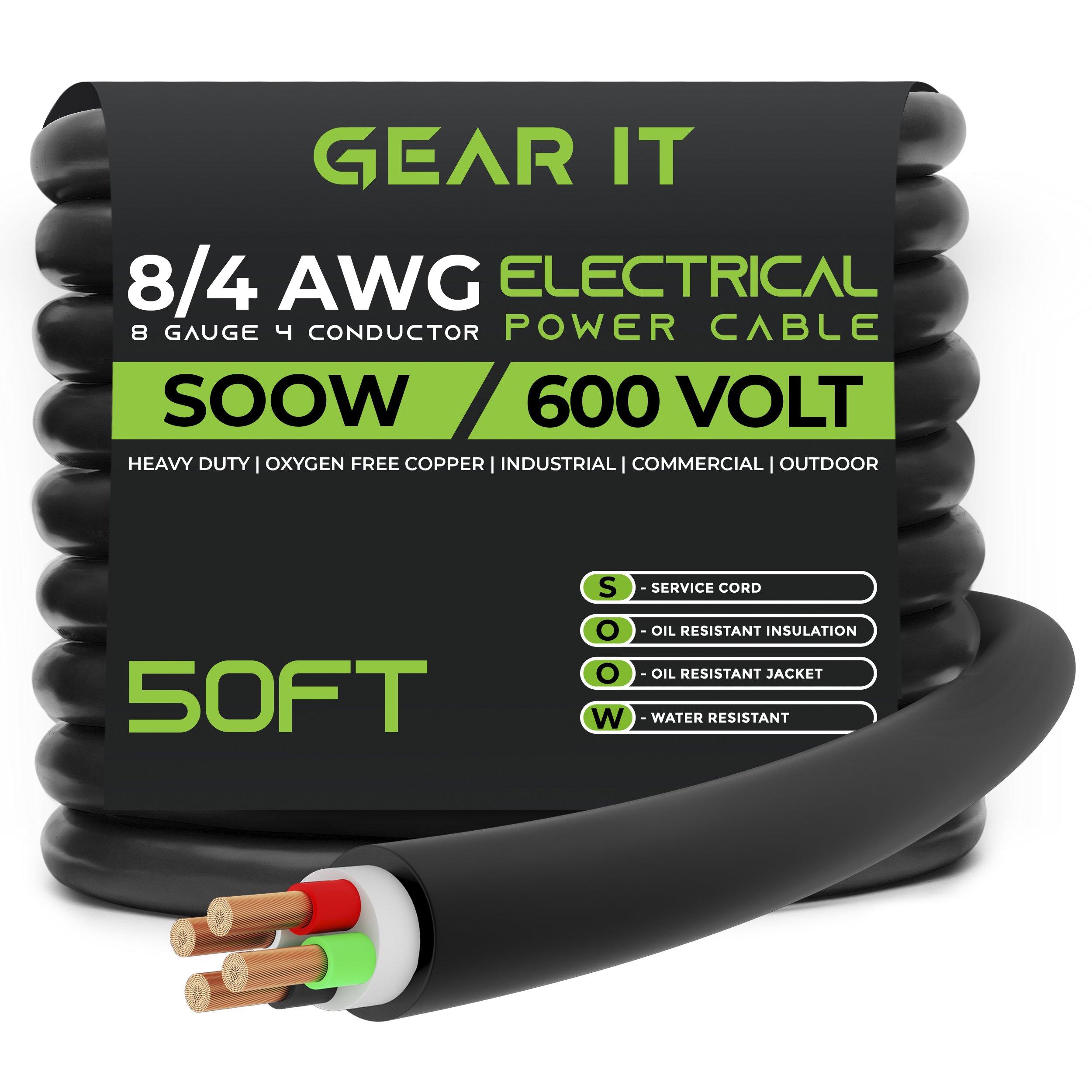 GearIT 8/4 8 AWG Portable Power Cable (50 Feet - 4 Conductor) SOOW 600V 8 Gauge Electric Wire for Motor Leads, Portable lights, Battery Chargers, Stage Lights and Machinery -50ft Electrical Cord