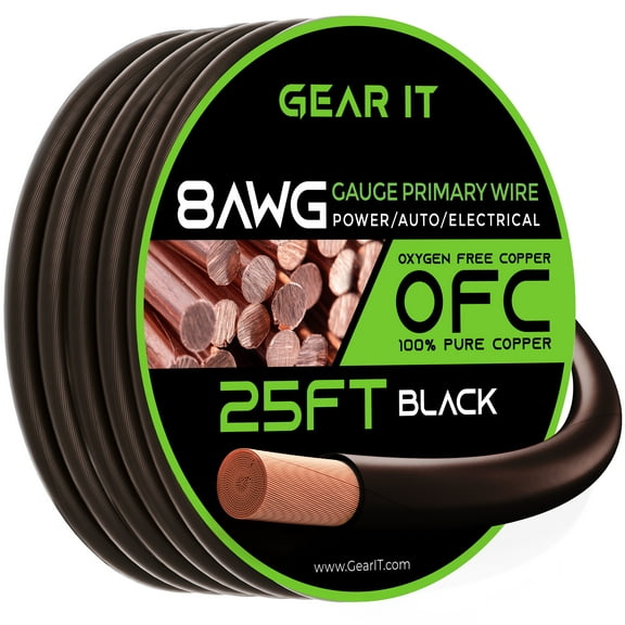 GearIT 8 Gauge Wire Oxygen Free Copper OFC (25ft - Black Translucent) 8 AWG - Primary Automotive Wire Power/Ground, Battery Cable, Car Audio Speaker, RV Trailer, Amp, Electrical 8ga - 25 Feet
