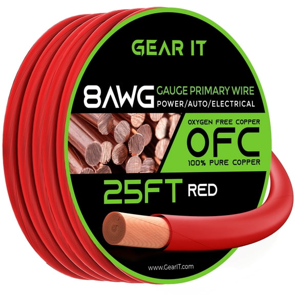 GearIT 8 Gauge Wire Oxygen Free Copper OFC (25ft - Red Translucent) 8 AWG - Primary Automotive Wire Power/Ground, Battery Cable, Car Audio Speaker, RV Trailer, Amp, Electrical 8ga - 25 Feet
