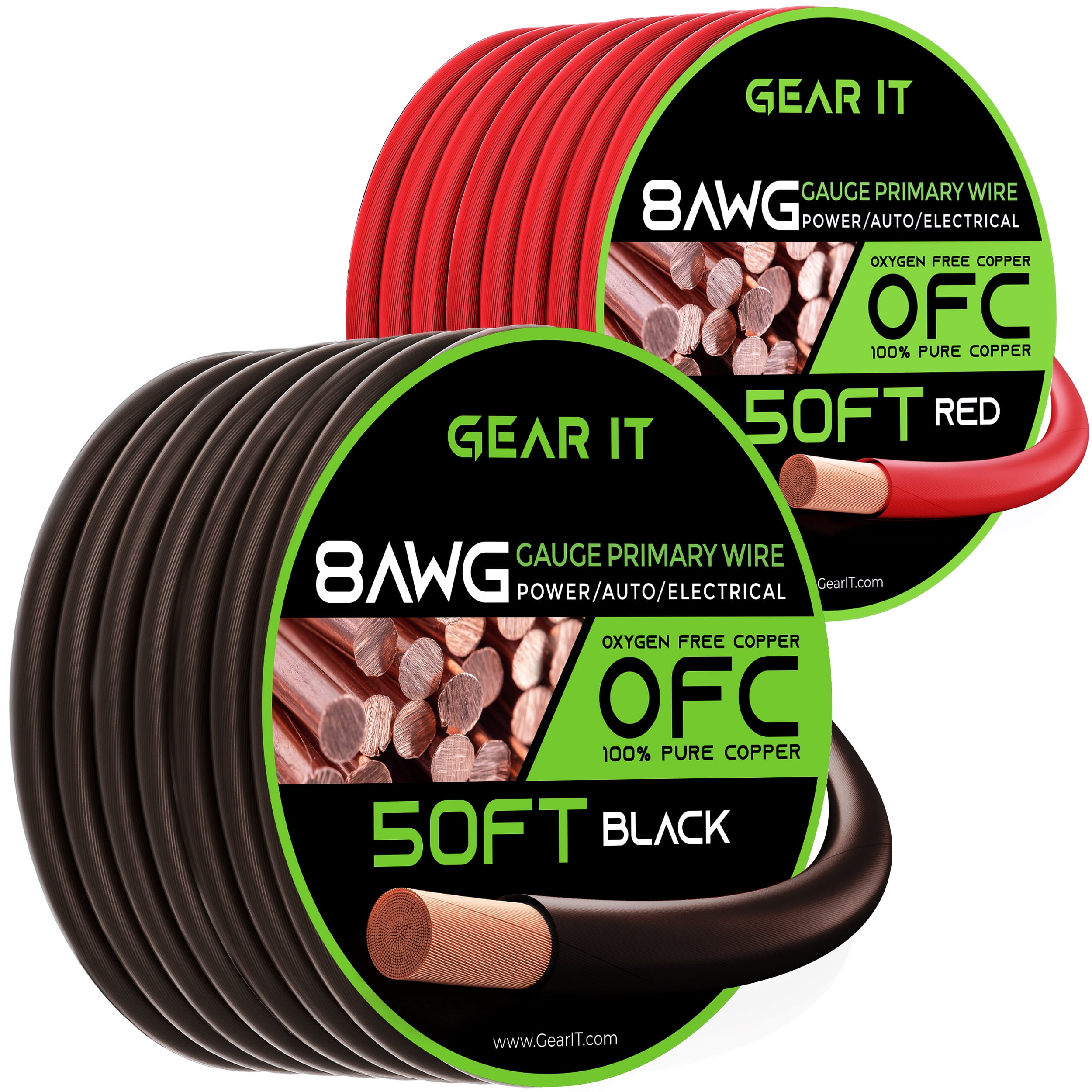 GearIT 8 Gauge Wire Oxygen Free Copper OFC (50ft Each- Black/Red Translucent) 8 AWG - Primary Automotive Wire Power/Ground, Battery Cable, Car Audio Speaker, RV Trailer, Amp, Electrical 8ga - 50 Feet