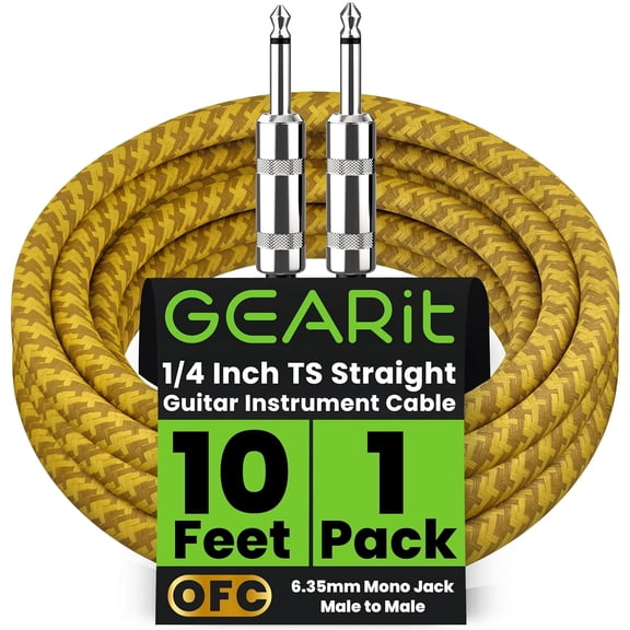 GearIT Audio Instrument Cable (10ft) 1/4 Inch to 1/4 inch Straight Male to Male for AMP Cord, Bass and Electric Guitar - Brown/Yellow