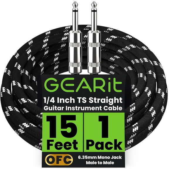 GearIT Audio Instrument Cable (15ft) 1/4 Inch to 1/4 inch Straight Male to Male for AMP Cord, Bass and Electric Guitar - Black/White