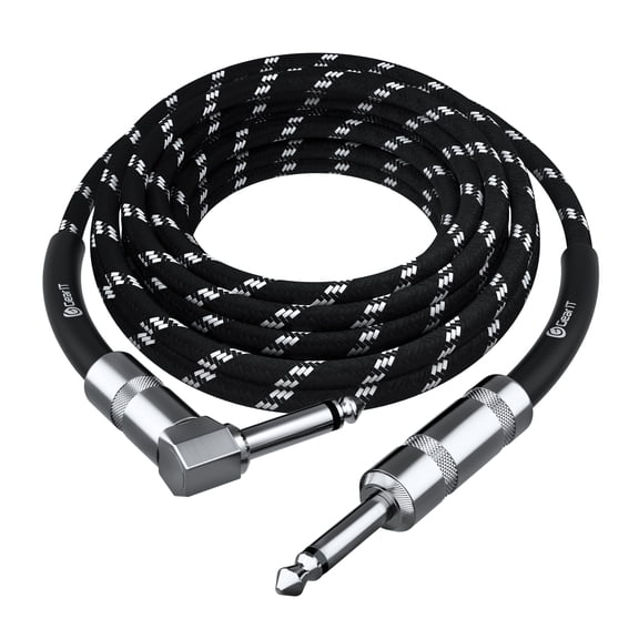 GEARit Right Angle to Straight 1/4 Inch Male to Male 1/4 Instrument Cable for Amp Bass and Electric Guitar, Black, White, 15ft