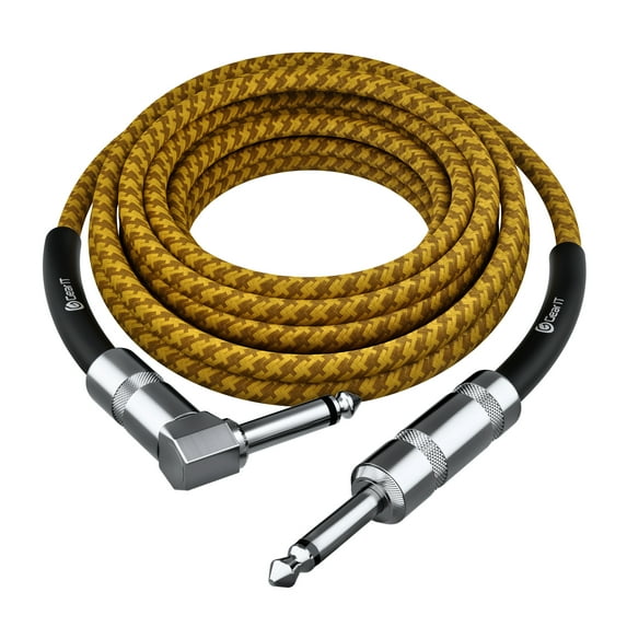 GearIT Audio Instrument Cable (15ft) Right Angle to Straight 1/4 Inch Male to Male for AMP Cord, Base and Electric Guitar - Brown/Yellow