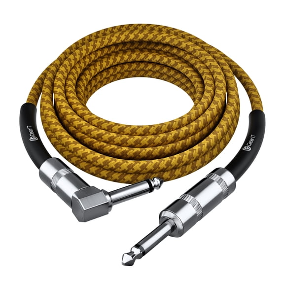 GearIT Audio Instrument Cable (15ft) Right Angle to Straight 1/4 Inch Male to Male for AMP Cord, Base and Electric Guitar - Brown/Yellow