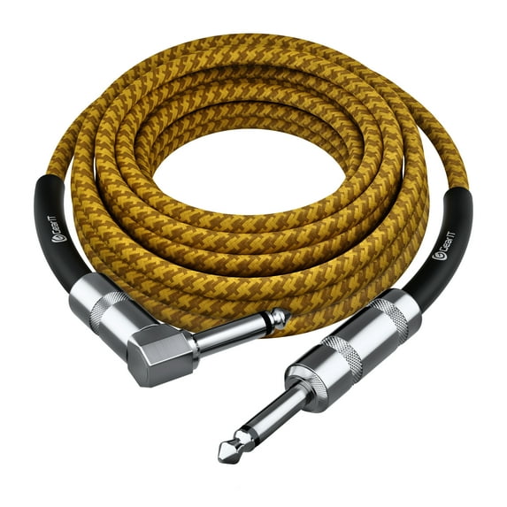 GearIT Audio Instrument Cable (20ft) Right Angle to Straight 1/4 Inch Male to Male for AMP Cord, Base and Electric Guitar - Brown/Yellow
