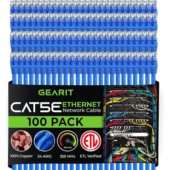 GearIT Cat 5e Ethernet Cable Cord Snagless Copper UTP Network Cable, 2 ft 100-Pack Blue