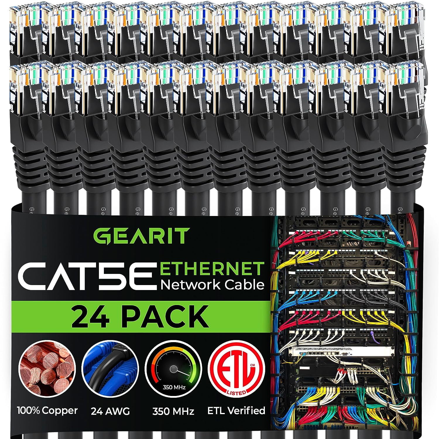 GEARit 24-Pack 3 ft Cat 5e Ethernet Cable Cord Snagless Copper UTP Network Patch Cable, Black