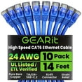 thumbnail image 1 of GearIT Cat 6 Ethernet Cable Pack - 10-Pack 14 ft Cat6 Ethernet Patch Cables | RJ45 Network Patch Cable, 10 Gbps Snagless Gold-Plated Connectors - Ethernet Cable Cat 6 for PC, TV, Router - Blue, 1 of 9