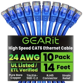 GearIT Cat 6 Ethernet Cable Pack - 10-Pack 14 ft Cat6 Ethernet Patch Cables | RJ45 Network Patch Cable, 10 Gbps Snagless Gold-Plated Connectors - Ethernet Cable Cat 6 for PC, TV, Router - Blue