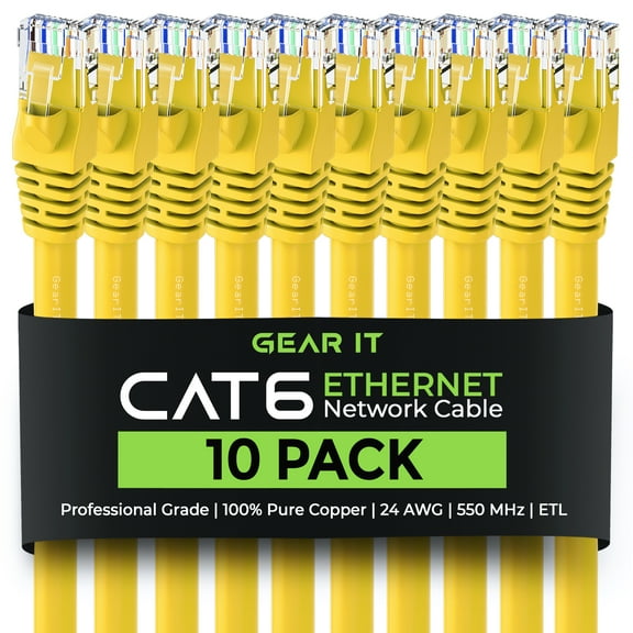GearIT Cat 6 Ethernet Cable 15 ft (10-Pack) - Cat6 Patch Cable, Cat 6 Patch Cable, Cat6 Cable, Cat 6 Cable, Cat6 Ethernet Cable, Network Cable, Internet Cable - Yellow 15 Feet