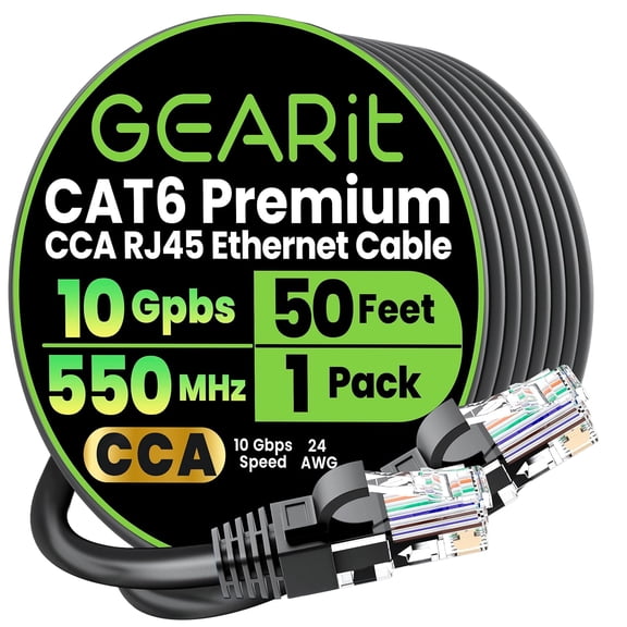 GEARit Cat 6 Ethernet Cable 50 Ft 24 AWG CCA Lan Cable, High Speed Network Internet Cord