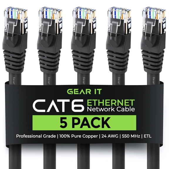 GearIT Cat6 Ethernet cable for Network Patch and LAN Connection, Black, 50 ft (5-Pack)