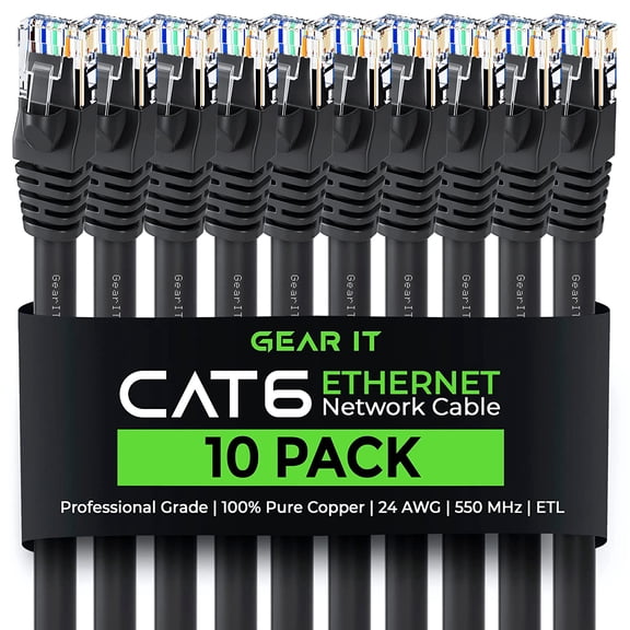 GEARit Pre-Terminated 24 AWG Cat6 Ethernet Cables for Home & Office Network, Black, 25 ft, 10 Pack