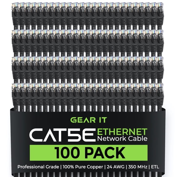 GearIT Cat5e Ethernet Cable 1 ft (100-Pack) - Cat5e Patch Cable, Cat 5e Patch Cable, Cat5e Cable, Cat 5e Cable, Cat 5e Ethernet Cable, Network Cable, Internet Cable - Black 1 Foot