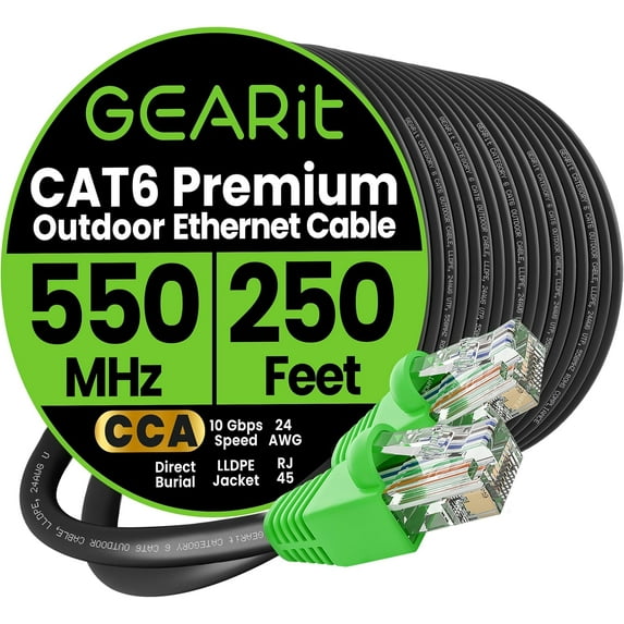 GEARit Cat6 Ethernet Cable, Copper Clad Aluminum Direct Burial Outdoor Network Cable, 250 ft