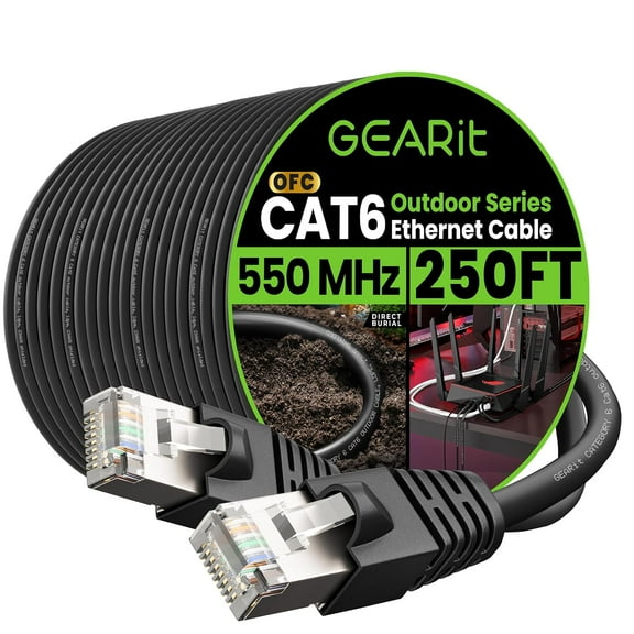 GearIT 23AWG Pure Copper Cat6 Ethernet Cable, Outdoor Direct Burial Internet Cable, 250 ft