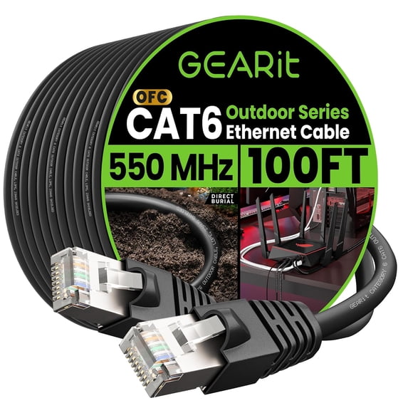 GearIT Cat6 Outdoor Ethernet Cable, 23AWG Pure Copper, Waterproof, Direct Burial, In-Ground, UV Resistant, POE, Network, Lan, Internet, 100 ft
