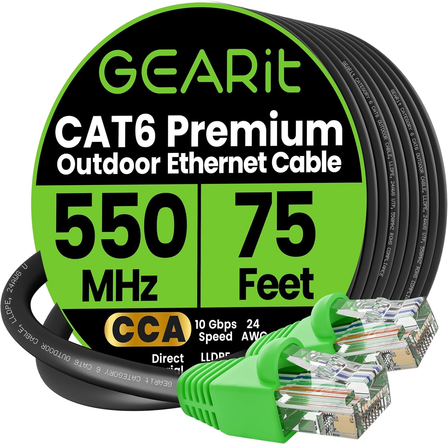 GEARit Cat6 Ethernet Cable, Copper Clad Aluminum Direct Burial Outdoor Network Cable, 75 ft,