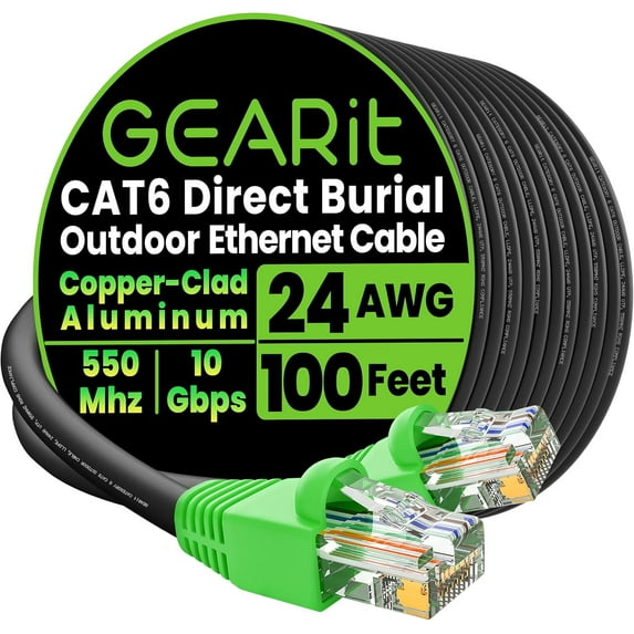 GearIT Copper Clad Aluminum Cat6 Ethernet Cable, Outdoor Direct Burial Network Cable, Black, 100 ft