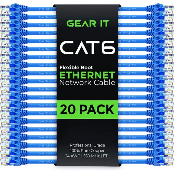 GearIT Cat6 Patch Cables Snagless Flexible Soft Tab Ethernet Cables, Blue 7ft 20-Pack