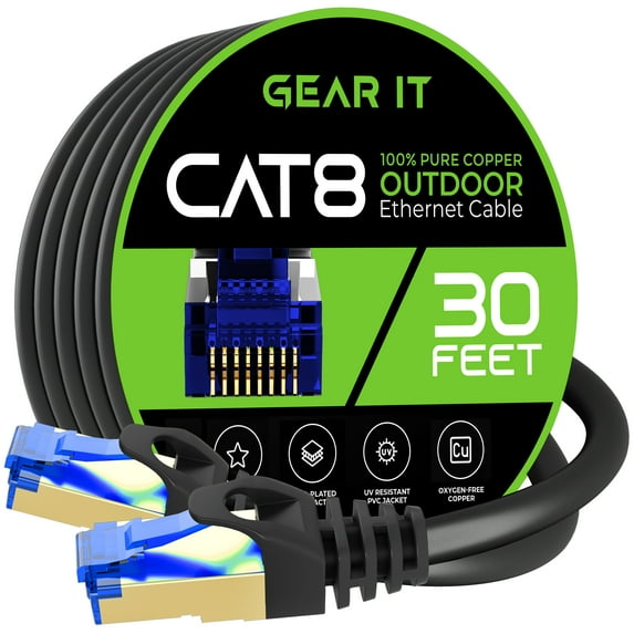 GearIT Cat8 Outdoor Ethernet Cable (30 Feet) Waterproof, Direct Burial, In-Ground, LLDPE UV Jacket, Pure Copper, 26AWG, 40Gbps 2000Mhz SFTP Patch Cord, POE, Network, Internet, Cat 8 Cable - 30ft