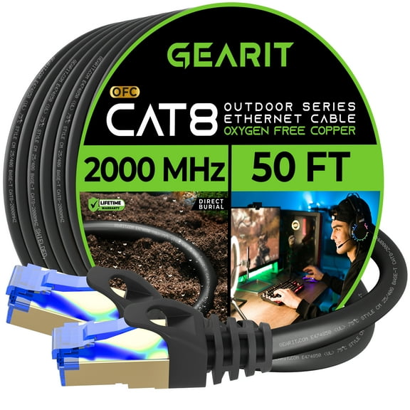 GEARit Cat 8 Ethernet Cable, Waterproof, Direct Burial, LLDPE UV Jacket, Pure Copper, 26AWG, 40Gbps 2000Mhz SFTP Patch Cord, 50 Feet