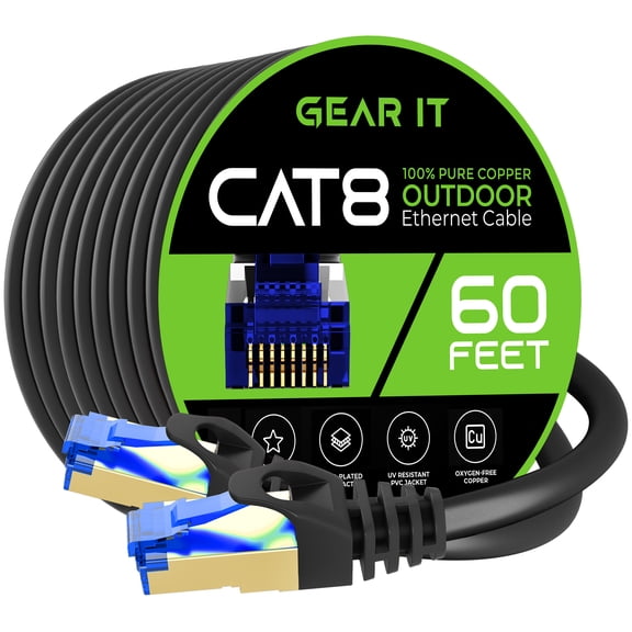 GearIT Cat8 Outdoor Ethernet Cable (60 Feet) Waterproof, Direct Burial, In-Ground, LLDPE UV Jacket, Pure Copper, 26AWG, 40Gbps 2000Mhz SFTP Patch Cord, POE, Network, Internet, Cat 8 Cable - 60ft