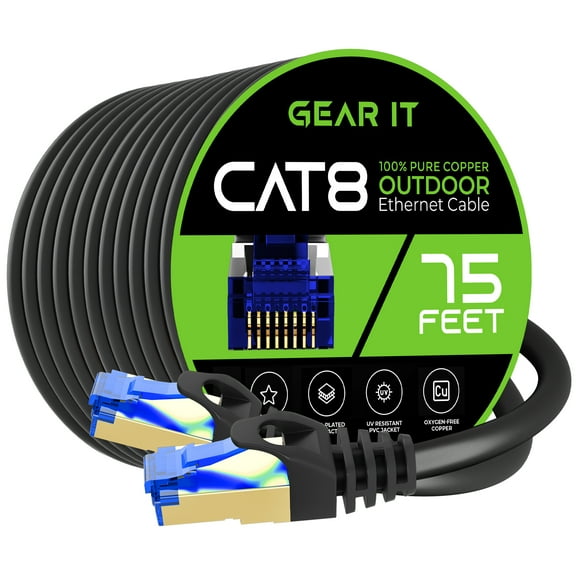 GearIT Cat8 RJ45 (75FT) Shielded Cable, 26AWG, 40Gbps 2000Mhz SFTP Patch Cord, Heavy Duty High Speed Cat8 LAN Network Ethernet Wire, In Wall, Outdoor, Weatherproof Rated for Router, Modem, Gaming