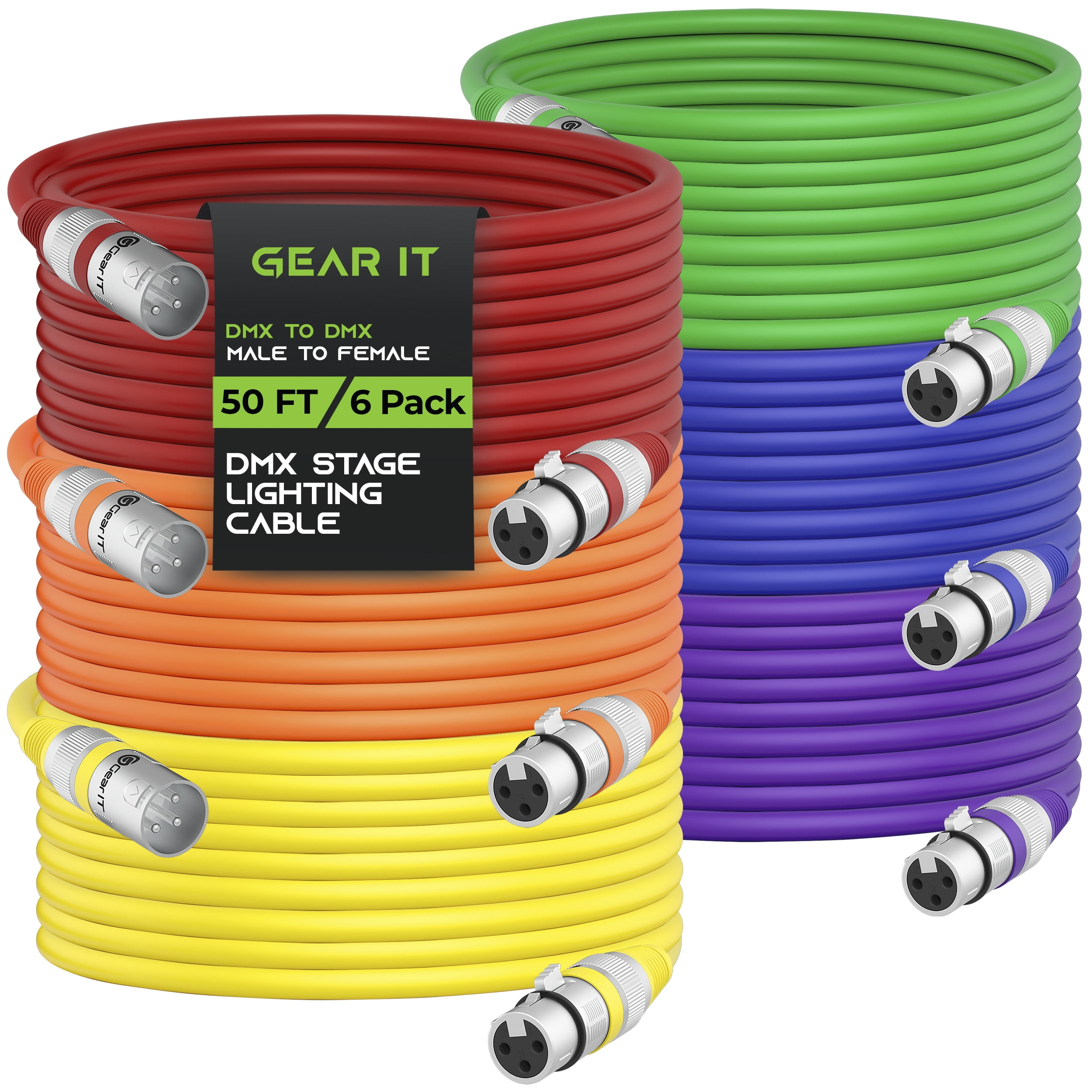 GearIT DMX to DMX Stage Lighting Cable (50 Feet, 6-Pack) DMX Male to Female (XLR Compatible) 3-Pin Balanced Shielded for DJ LED Moving Head Par Light, Mic Mixer, Recording Studio, Podcast - 50ft