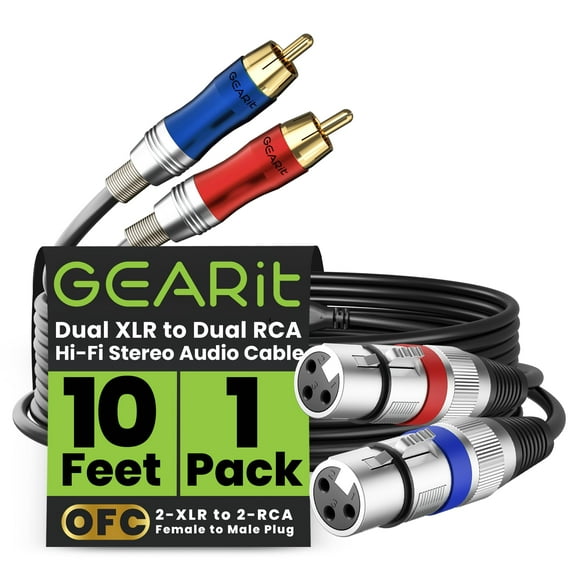 GEARit Dual 2 XLR Female to Dual 2 RCA Male Cable (10ft) 2-XLR to 2-RCA Female to Male Plug for Home Theater Mixers Amplifiers Hi-Fi Systems Microphone, 10 Feet