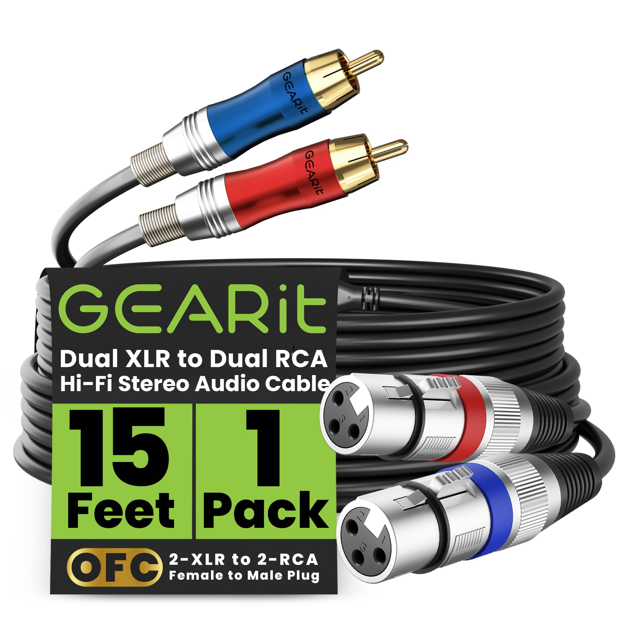 GEARit Dual 2 XLR Female to Dual 2 RCA Male Cable (15ft) 2-XLR to 2-RCA Female to Male Plug for Home Theater Mixers Amplifiers Hi-Fi Systems Microphone, 15 Feet