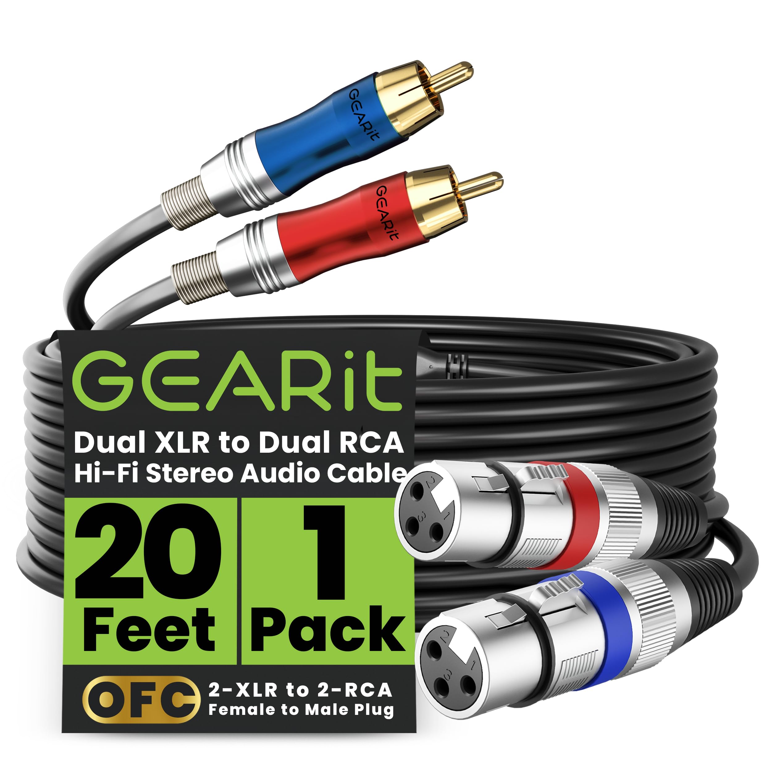 GEARit Dual 2 XLR Female to Dual 2 RCA Male Cable (20ft) 2-XLR to 2-RCA Female to Male Plug for Home Theater Mixers Amplifiers Hi-Fi Systems Microphone, 20 Feet