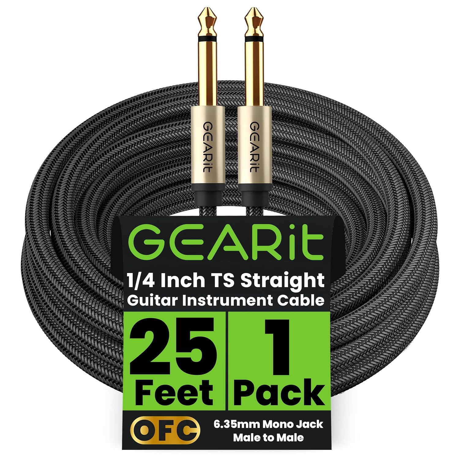 GearIT Guitar Instrument Cable (25ft) 1/4 Inch to 1/4 inch TS Straight Male to Male 6.35mm Mono Jack with Alloy Connector and Nylon Braid