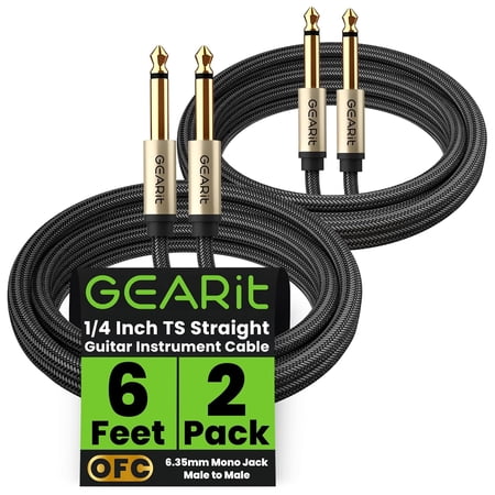 GEARit Guitar Instrument Cable, 6.35mm Mono Jack with Alloy Connector and Nylon Braided, 6 ft, 2 Pack