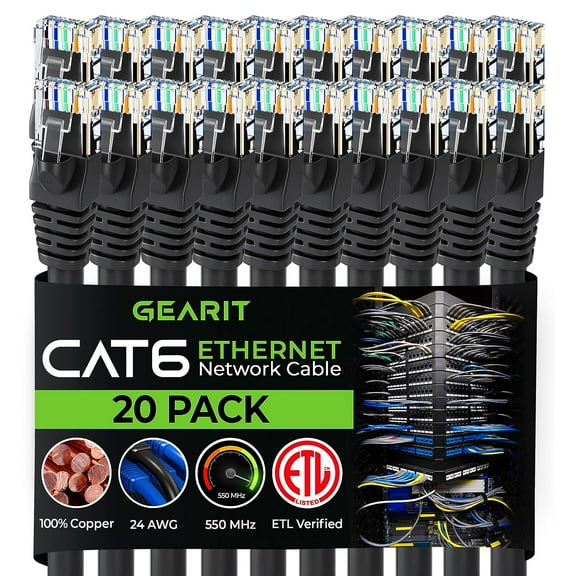 GearIT Pre-Terminated Cat 6 Ethernet Cables for Home & Office Network, Black 1-ft 20 Pack