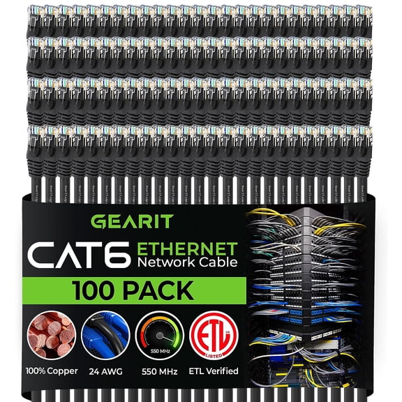 GearIT Pre-Terminated Cat 6 Ethernet Cables for Home & Office Network, Black 2-ft 100 Pack