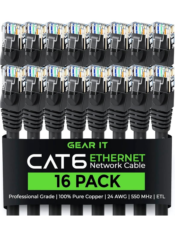 GearIT Pre-Terminated Cat 6 Ethernet Cables for Home & Office Network, Black 3-ft 16 Pack