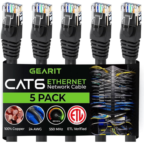 GearIT Pre-Terminated Cat 6 Ethernet Cables for Home & Office Network, Black 35-ft 5 Pack