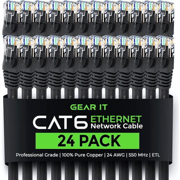 GearIT Pre-Terminated Cat 6 Ethernet Cables for Home & Office Network, Black 5-ft 24 Pack