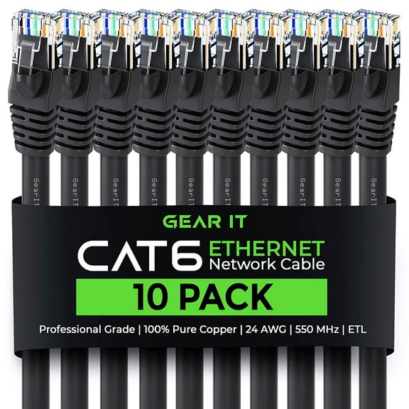 GEARit Pre-Terminated 24 AWG Cat6 Ethernet Cables for Home & Office Network, Black, 6 ft, 10 Pack