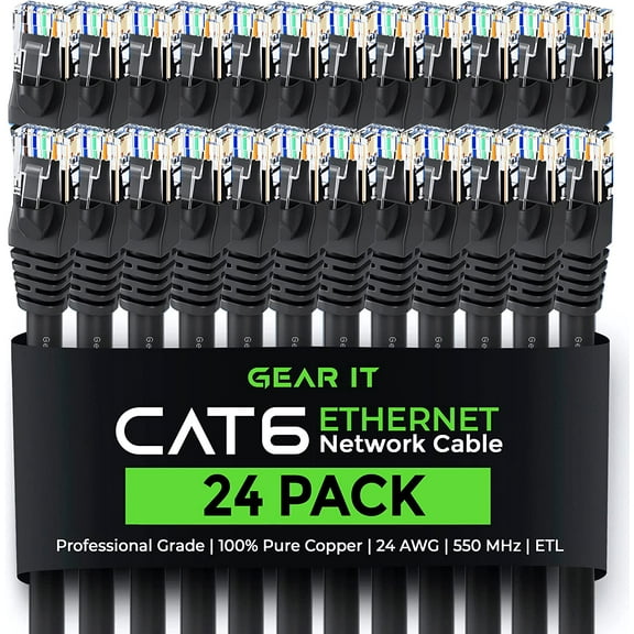 GearIT Pre-Terminated Cat 6 Ethernet Cables for Home & Office Network, Black 6-ft 24 Pack