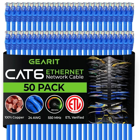 GearIT Pre-Terminated Cat 6 Ethernet Cables for Home & Office Network, Blue 0.5-ft 50 Pack