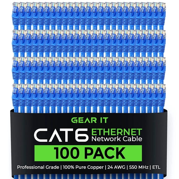 GearIT Pre-Terminated Cat 6 Ethernet Cables for Home & Office Network, Blue 3-ft 100 Pack